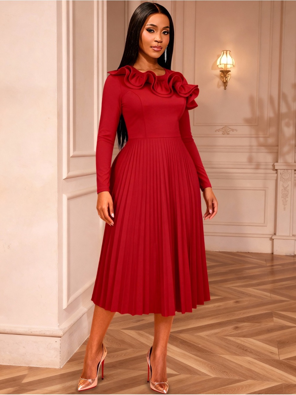 Elegant Red Ruffle Neck Pleated Midi Dress